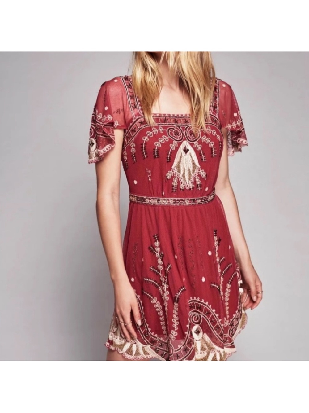 Free People Embroidered Rust Red Mini Dress